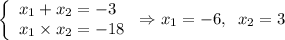 \left \{\begin{array}{lcl} {{x_1+x_2=-3} \\ {x_1\times x_2=-18}\end{array} \right. \Rightarrow x_1 = -6,\;\;x_2 = 3