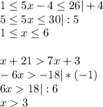 1 \leq 5x-4 \leq 26 |+4 \\ &#10;5 \leq 5x \leq 30 |:5 \\ &#10;1 \leq x \leq 6 \\ \\ &#10;x+217x+3 \\ &#10;-6x-18|*(-1) \\ &#10;6x18|:6 \\ &#10;x3&#10;