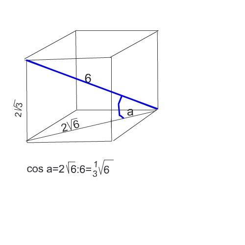 Решите, ) диагональ куба равна 6 см. найдите: а) ребро куба; б) косинус угла между диагональю куба и