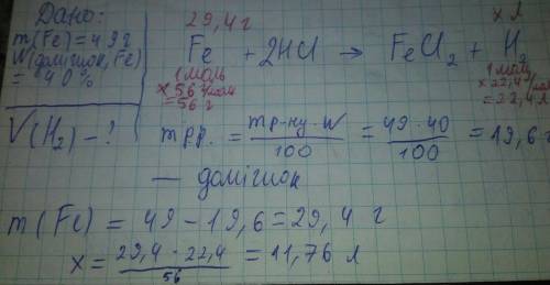 При взаємодії 49г заліза, що містить 40% домішок, з хлоридною кислотою утворився водень. знайти його