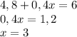 4,8+0,4x=6\\0,4x=1,2\\x=3