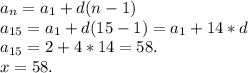 a_{n} = a_{1} + d(n-1) \\ a_{15} = a_{1} + d(15-1) = a_{1} + 14*d \\ a_{15} = 2 + 4*14 = 58. \\ x = 58.