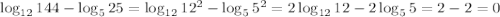 \log_{12}{144} - \log_{5}{25} = \log_{12}{12^2} - \log_{5}{5^2} = 2\log_{12}{12} - 2 \log_{5}{5} = 2-2 =0