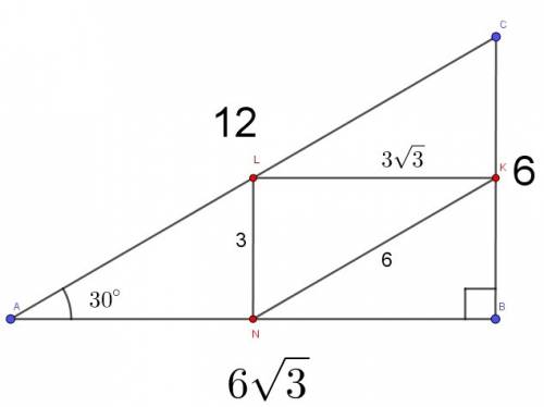 Впрямоугольном треугольнике с углом 30 градусов и меньшим катетом 6 см проведены средние линии найди