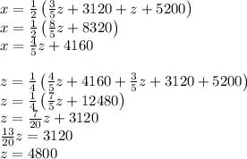 x=\frac12\left(\frac35z+3120+z+5200\right)\\x=\frac12\left(\frac85z+8320\right)\\x=\frac45z+4160\\\\z=\frac14\left(\frac45z+4160+\frac35z+3120+5200\right)\\z=\frac14\left(\frac75z+12480\right)\\z=\frac7{20}z+3120\\\frac{13}{20}z=3120\\z=4800