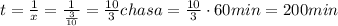 t=\frac{1}{x}=\frac{1}{\frac{3}{10}}=\frac{10}{3}chasa=\frac{10}{3}\cdot 60min=200min