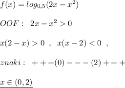 f(x)=log_{0,5}(2x-x^2)\\\\OOF:\; \; 2x-x^20\\\\x(2-x)0\; \; ,\; \; x(x-2)