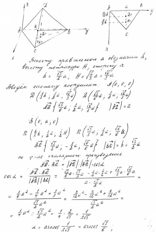 Найти угол между прямыми ad и bk в правильном тетраэдре dabc, если k середина ребра dc