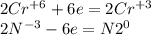 2Cr^{+6}+6e= 2Cr^{+3} \\ 2N^{-3}-6e= N2^{0}