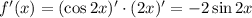 f'(x)=(\cos2x)'\cdot (2x)'=-2\sin 2x