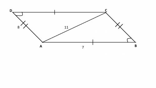 Впараллелограмме abcd ab=7, ac=11, ad=8. найдите площадь параллелограмма