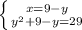 \left \{ {{x=9-y} \atop { y^{2}+9-y=29 }} \right.