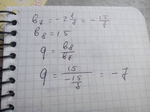 Дана прогрессия (bn), для которой b7=-2 1/7, b8=15. найдите знаменатель прогрессии.