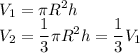 \displaystyle V_1= \pi R^2h \\ V_2= \frac{1}{3} \pi R^2h= \frac{1}{3}V_1