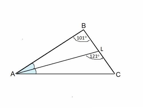 Втреугольнике abc проведена биссектриса al, угол alc равен 121 , угол abc равен 101.найдите угол acb