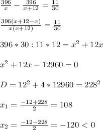 \frac{396}{x}- \frac{396}{x+12}= \frac{11}{30} \\ \\ \frac{396(x+12-x)}{x(x+12)}= \frac{11}{30} \\ \\ 396*30:11*12= x^{2} +12x \\ \\ x^{2} +12x-12960=0 \\ \\ D=12^2+4*12960=228^2 \\ \\ x_1= \frac{-12+228}{2}=108 \\ \\ x_2= \frac{-12-228}{2}=-120\ \textless \ 0