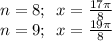 n=8;\,\,\, x= \frac{17\pi}{8} \\ n=9;\,\,\, x= \frac{19 \pi}{8}