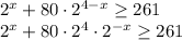2 ^{x} +80\cdot 2^{4-x} \geq 261 \\ 2 ^{x} +80\cdot 2^{4}\cdot 2 ^{-x} \geq 261 \\