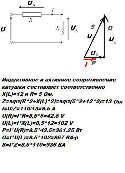 Индуктивное и активное сопротивление катушки составляет соответственно 12 и 5 ом. действующее значен