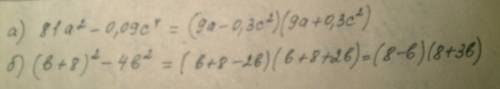 Разложите на множители a)1/81a^2-0,09c^4 b)(b+8)^2-4b^2