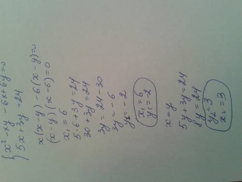 Решить систему уравнений x^2-xy-6x+6y=0 5x+3y=24