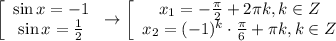 \left[\begin{array}{ccc}\sin x=-1\\ \sin x= \frac{1}{2} \end{array}\right\to \left[\begin{array}{ccc}x_1=- \frac{\pi}{2}+2\pi k,k \in Z \\ x_2=(-1)^k\cdot \frac{\pi}{6}+\pi k,k \in Z \end{array}\right