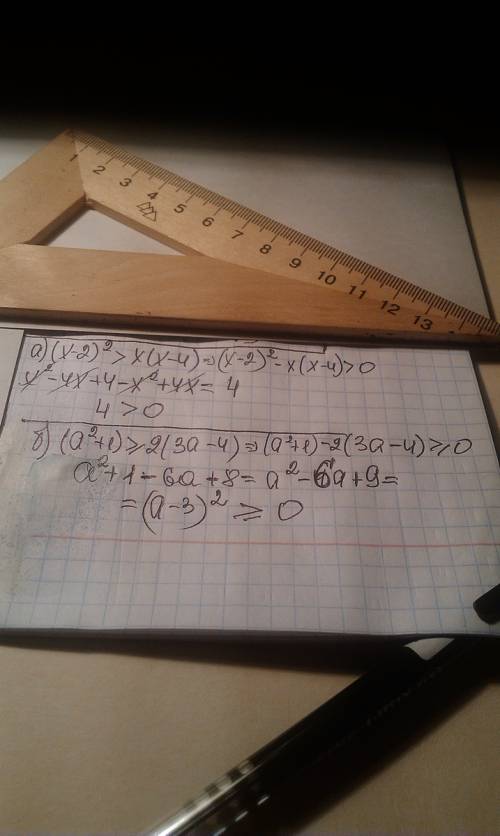 Доказать неравенство а) (x-2)²> x(x-4) б)(a²+1)≥2(3a-4)