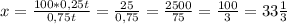 x= \frac{100*0,25t}{0,75t} = \frac{25}{0,75}= \frac{2500}{75}= \frac{100}{3} =33 \frac{1}{3}