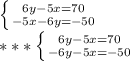 \left \{ {{6y-5x=70} \atop {-5x-6y=-50}} \right.\\ ***\left \{ {{6y-5x=70} \atop {-6y-5x=-50}}