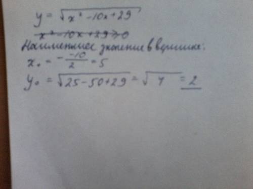 Найти наименьшее значение функции y=√(x^2 )-10x+29 там все под корнем )