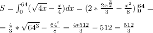 S=\int _0^{64}(\sqrt{4x}-\frac{x}{4})dx =(2*\frac{2x^{\frac{3}{2}}}{3}-\frac{x^2}{8})|_0^{64}=\\\\=\frac{4}{3}*\sqrt{64^3}-\frac{64^2}{8}=\frac{4*512}{3}-512=\frac{512}{3}