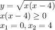 y= \sqrt{x(x-4)} \\ x(x-4) \geq 0 \\ x_1=0,x_2=4