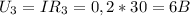 U_{3}= I R_{3}= 0,2*30=6 B