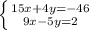 \left \{ {{15x+4y=-46&#10;} \atop {9x-5y=2}} \right.