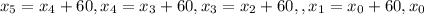 x_{5}=x_{4}+60,x_{4}=x_{3}+60,x_{3}=x_{2}+60, ,x_{1}=x_{0}+60,x_{0}