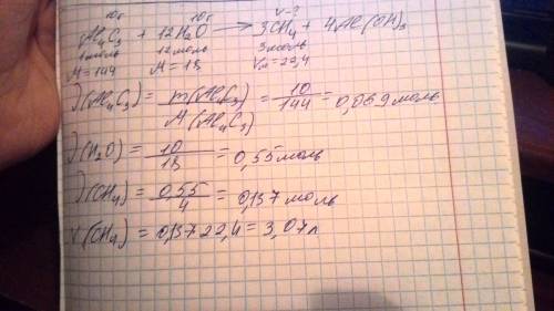 Какой объем метана (н.у.) выделится при взаимодействии 10 г карбида алюминия (al4c3) с 10 г воды?