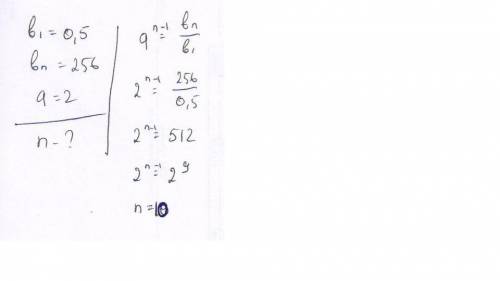 Найдите n прогрессии если: b1=0.5 bn=256 q=2