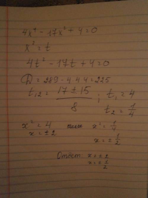 Решить уравнение 4х в 4 степени -17х в квадрате +4 =0