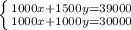 \left \{ {{1000x+1500y=39000} \atop {1000x+1000y=30000}} \right.