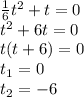 \frac{1}{6}t^2+t=0 \\ t^2+6t=0 \\ t(t+6)=0\\ t_1=0\\ t_2=-6