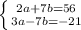 \left \{ {{2a+7b=56} \atop {3a-7b=-21}} \right.