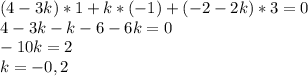 (4-3k)*1+k*(-1)+(-2-2k)*3=0\\4-3k-k-6-6k=0\\-10k=2\\k=-0,2