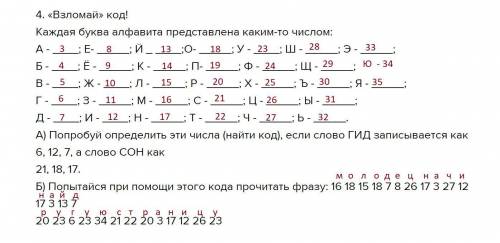 4. «взломай» код! каждая буква алфавита представлена каким-то числом: а - ; е- ; й _ ; о- ; у - ; ш