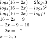 log_4(16-2x)=2log_43 \\log_4(16-2x)=log_43^2\\&#10;log_4(16-2x)=log_49\\16-2x=9 \\-2x=9-16\\-2x=-7\\x=3,5