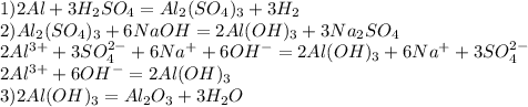 1)2Al+3H_2SO_4=Al_2(SO_4)_3+3H_2\\2)Al_2(SO_4)_3+6NaOH=2Al(OH)_3+3Na_2SO_4\\2Al^{3+}+3SO_4^{2-}+6Na^++6OH^-=2Al(OH)_3+6Na^++3SO_4^{2-}\\2Al^{3+}+6OH^-=2Al(OH)_3\\3)2Al(OH)_3=Al_2O_3+3H_2O