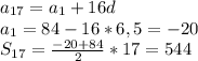 a_{17}=a_1+16d\\a_1=84-16*6,5=-20\\S_{17}=\frac{-20+84}{2}*17=544