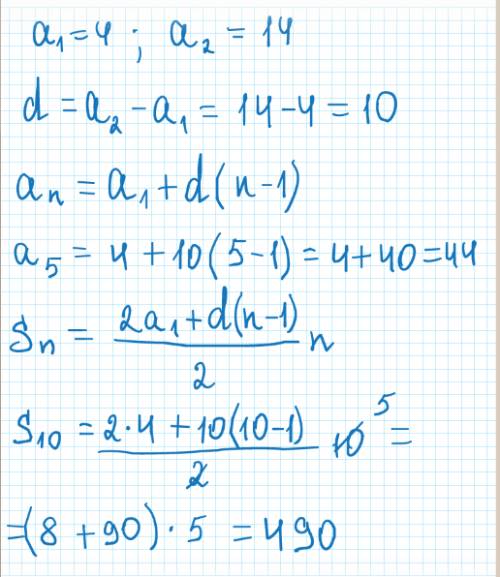 Варифметической прогрессии а1 = 4 , а2 = 14 найдите : d , a5 , s10