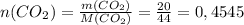 n(CO_2)= \frac{m(CO_2)}{M(CO_2)}= \frac{20}{44}=0,4545