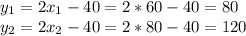 y_{1} = 2x_{1} - 40 = 2*60-40 = 80 \\ &#10; y_{2} = 2x_{2} - 40 = 2*80-40 = 120 \\