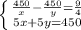 \left \{ {{ \frac{450 }{x} - \frac{450}{y} = \frac{9}{4} }\atop {5x+5y=450}} \right.